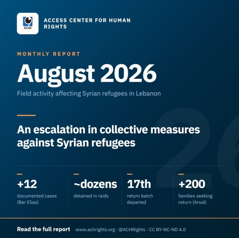 ACHR Monthly Report — August 2026: Escalating Collective Measures Against Syrian Refugees in Lebanon